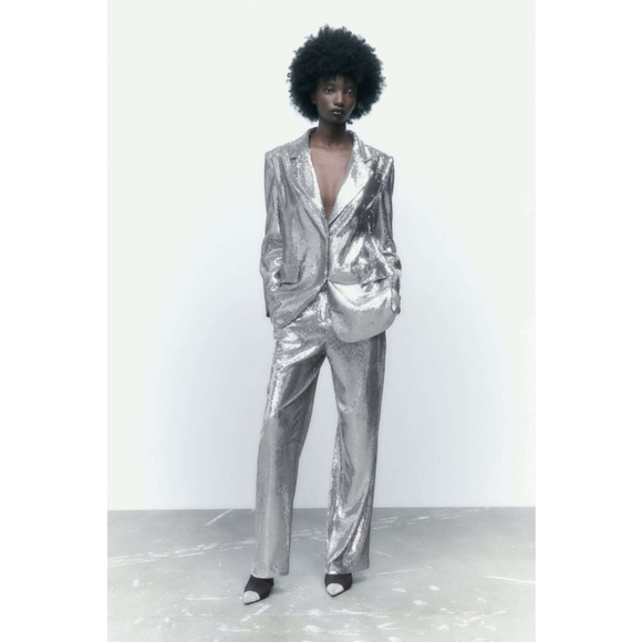 Zara 2pcs Shoulder pad sequin blazer + pants set - Picture 3 of 15